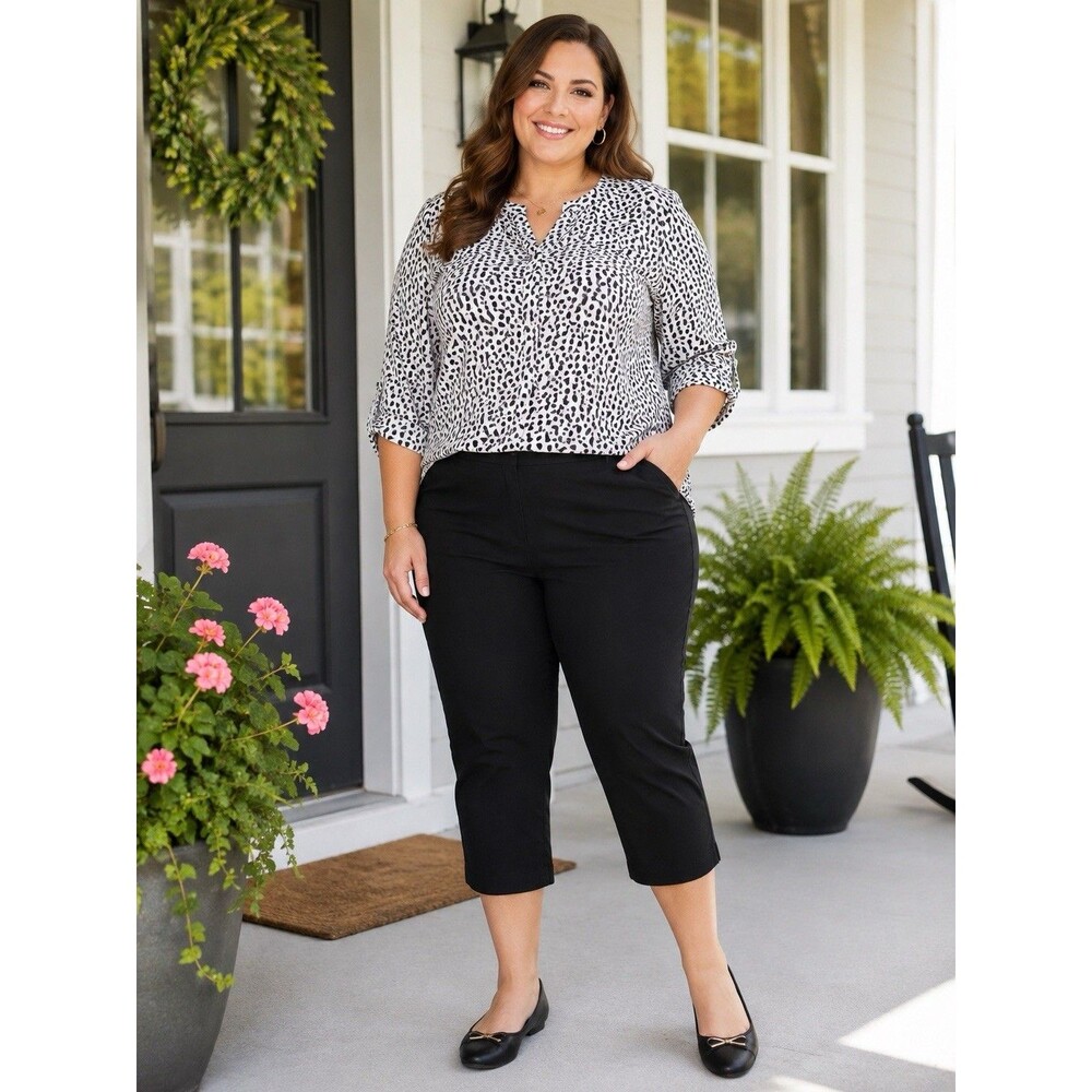 Kim Rogers Womens 20W Black Pull-On Capri Pants Rayon Stretch Plus Size Cropped